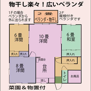 やたらに広いです　10畳+8畳+6畳二つ+物干しができる2畳のベランダ付　3LＤＫ+菜園+物置+駐車場の画像