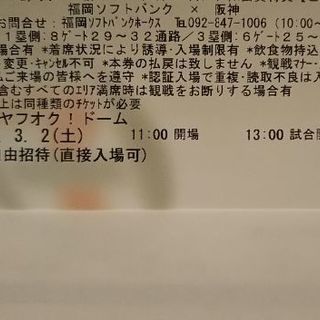 3/2土 ソフトバンクホークスvs阪神戦 チケット