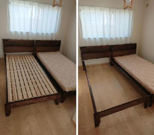 ニトリのシングルベッド2つと西川のムアツ布団1つ