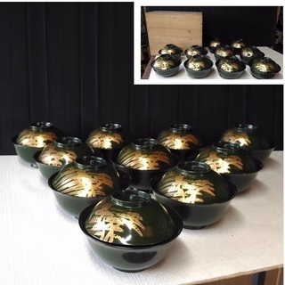 漆塗 吸物椀 10客 ② 木箱入り 蔵出し品 a261