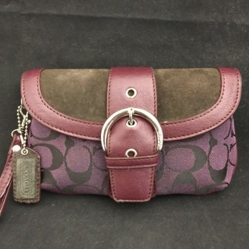 COACH コーチ シグネチャー 紫レザー×ブラウンスエード バイカラー ミニクラッチ ハンドルポーチ