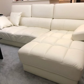 値下げ☆【本革】レザー カウチソファー （アイボリー）