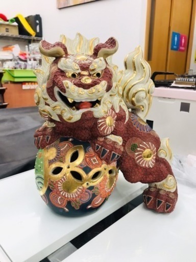 九谷焼 陶器 玉乗り獅子 シーサー 金彩 縁起物 置物 厄除け 古美術品