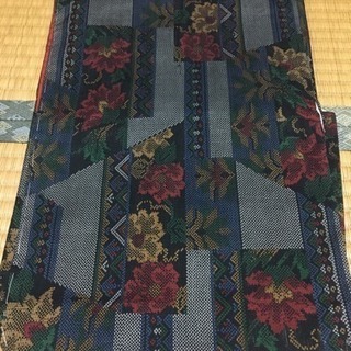 紬   紺色   草花 幾何学 正絹  美品 仕付け糸付き セット販売の画像