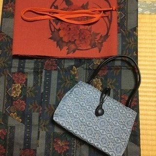 紬   紺色   草花 幾何学 正絹  美品 仕付け糸付き セット販売の画像