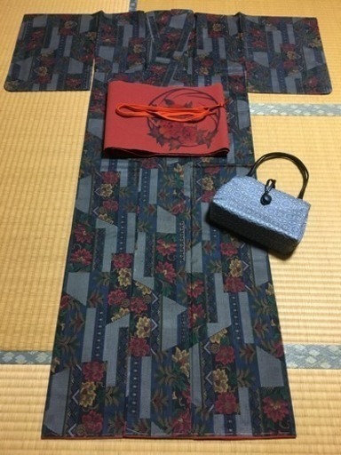 紬   紺色   草花 幾何学 正絹  美品 仕付け糸付き セット販売