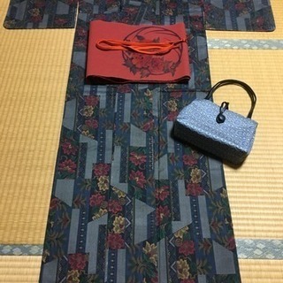 紬   紺色   草花 幾何学 正絹  美品 仕付け糸付き セット販売