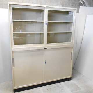 ITO 上ガラス下スチール引違い扉書庫『良品中古』W1500 鍵無し