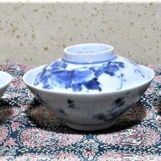 古伊万里　江戸後期　牡丹に梅 文 文字入り　薄手蓋付茶碗　3客　...