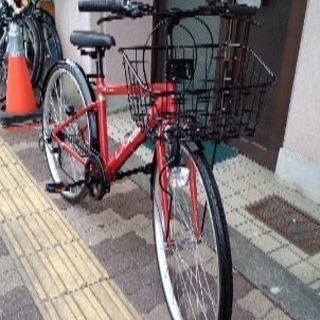 美品☆LASSEN 27吋シティサイクル 外装6段/レッドｘブラックの画像