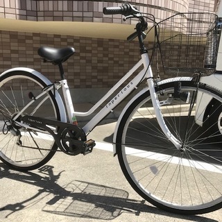 売り切れました！27インチ　シティサイクル　ホワイト②　６段変速　前かご、ライト、カギつき　鹿児島市