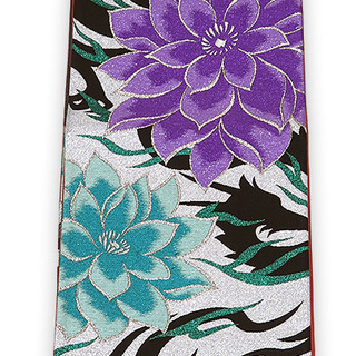 	 【中古】美品　振袖用　六通柄　袋帯　花柄／白銀地に紫・浅葱 ...