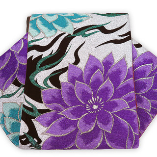 	 【中古】美品　振袖用　六通柄　袋帯　花柄／白銀地に紫・浅葱 （	b3223845-1713rymj）の画像