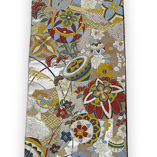 【中古】美品　振袖用　六通柄　袋帯　几帳鞠華文／銀・薄小豆 （b...