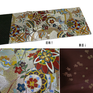 【中古】美品　振袖用　六通柄　袋帯　几帳鞠華文／銀・薄小豆 （b3239068-1718rymj）の画像
