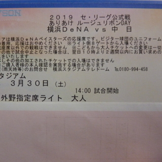 3月30日 横浜スタジアム 横浜DeNAベイスターズ ライト外野席2枚