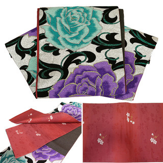 中古美品　振袖用　六通柄　袋帯　薔薇文様／白銀地に紫・浅葱（b3235121-1721rymg）の画像