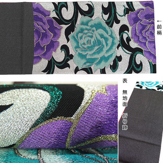 中古美品　振袖用　六通柄　袋帯　薔薇文様／白銀地に紫・浅葱（b3235121-1721rymg）の画像