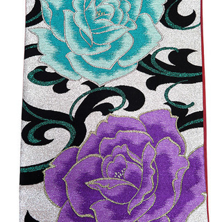 中古美品　振袖用　六通柄　袋帯　薔薇文様／白銀地に紫・浅葱（b3235121-1721rymg）の画像