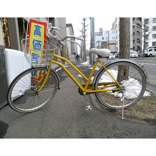札幌【26インチ自転車⑤ ママチャリ】 変速＆照明なし イエロー...
