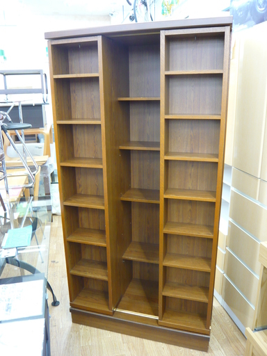 スライド式 本棚 レール付き 大容量収納☆ 幅90㎝×高178㎝ 茶色　西岡店