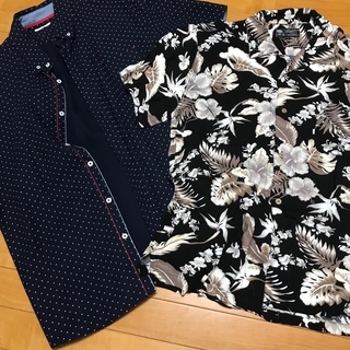 ☆4Lサイズ2枚セット☆開襟アロハシャツ黒＆水玉シャツ濃紺
