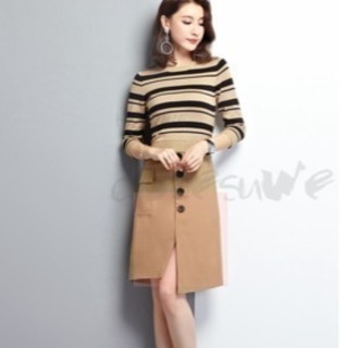 ラウンドネック 長袖 おしゃれ ニットワンピース Lの画像