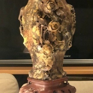 中国美術 寿山石 花 鳥 図 細密 彫刻 細工 花瓶 壺 骨董 巨大