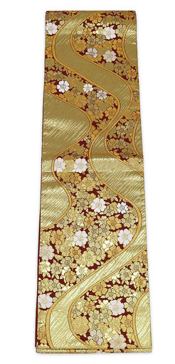 中古美品　振袖用　六通柄　袋帯　流水桜花文様／金・ワイン （b3233004-1744trymj）