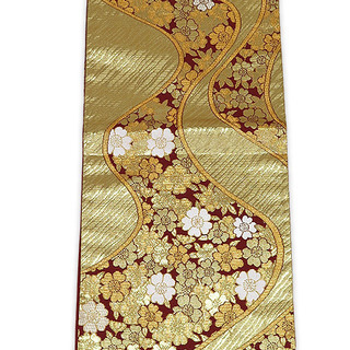 中古美品　振袖用　六通柄　袋帯　流水桜花文様／金・ワイン （b3...