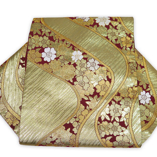 中古美品　振袖用　六通柄　袋帯　流水桜花文様／金・ワイン （b3233004-1744trymj）の画像