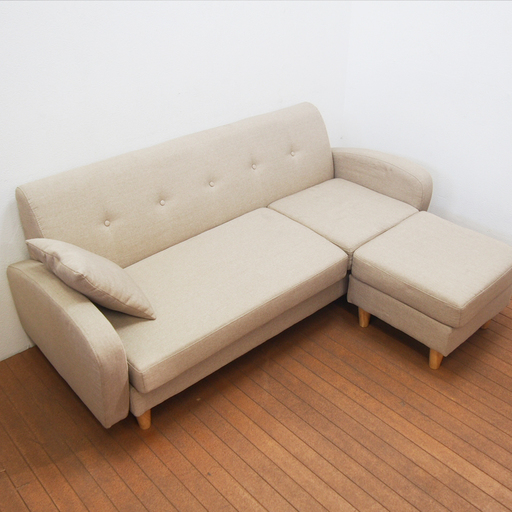 【良品】布張りソファ 3P+オットマン コーナーソファにも カウチソファ 脚を外してローソファでも可能 (KA16)