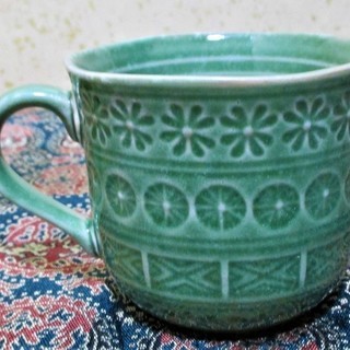 新品未使用　色変わり　コーヒーカップセット　5客　秀陶窯　陽刻印花文　コーヒーカップ　カップ＆ソーサ　工芸品　美術品　陶器　引き取り可能な方のみの画像