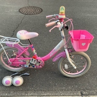 16インチ 子供用自転車 女の子向け 補助輪 サイドスタンド付き。