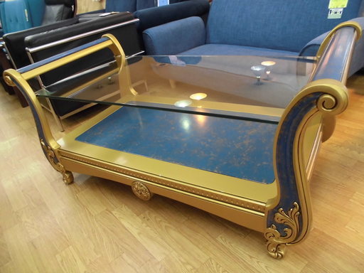 値下げ！ アンティーク調 センターテーブル ガラステーブル 幅118㎝ ブルー×ゴールド　西岡店