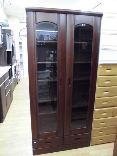 本棚　扉付き　引き出し付き　収納棚　木製　茶色　高さ:180cm　札幌　西岡店