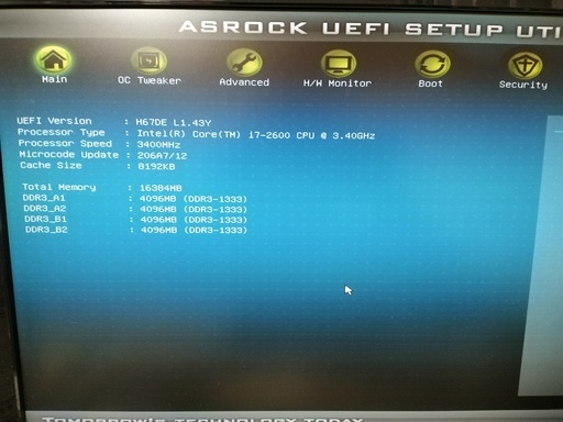 Intel i7-2600 3.4G + ASRock H67DE + メモリ16G + CPU Fan付のセット