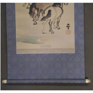 古い掛軸 鹿子木孟郎 不倒 馬の図 絹本竪幅 合わせ箱 日本画