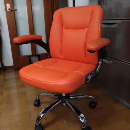 オフィスチェア　レザー調　オレンジ色(中古)