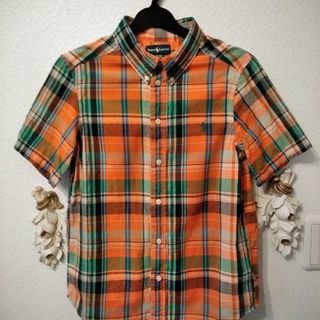 【美品】ラルフローレン　オレンジ色チェック半袖シャツsize150