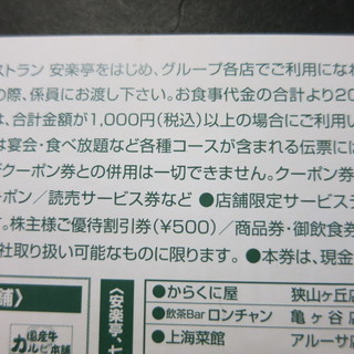 安楽亭 20%割引券 2枚で 2019年6月末までの画像