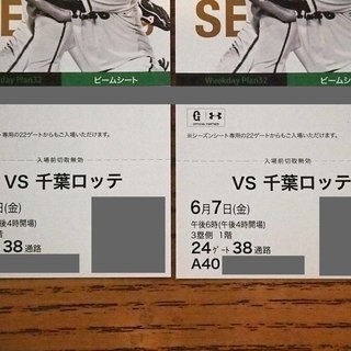 6/7 読売ジャイアンツ対千葉ロッテマリーンズ ペアチケット連番の画像