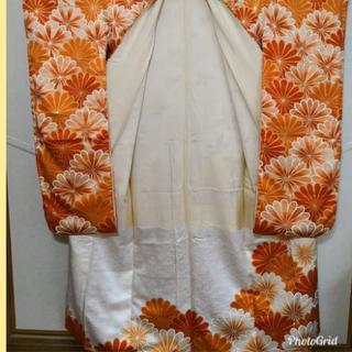 振袖☆正絹 オレンジに花文様 金コマ刺繍 トールサイズの画像