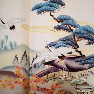 振り袖☆正絹 ピンク 鶴 松 御所車 文様 染め 襦袢セットの画像