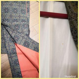 正絹 袷 小紋☆十日町紬 深緑の画像