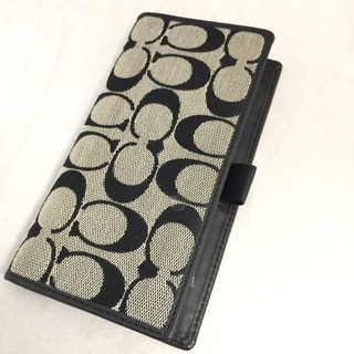 コーチ 黒シグネチャー スリム手帳カバー レザー×キャンバス