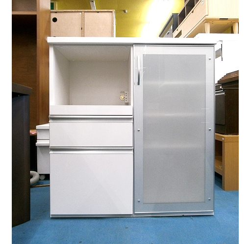 札幌 美品【真っ白いミドルレンジボード】幅89cm ホワイト/白 レンジ台 食器棚 キッチン 台所 本郷通店