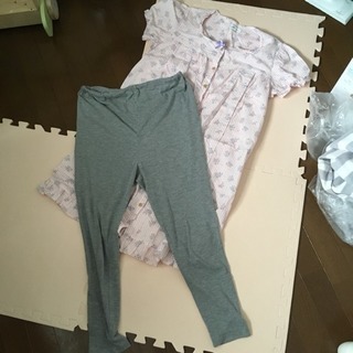 マタニティ パジャマ L 半袖 白ピンク花柄 灰色