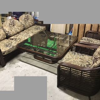 籐製 応接セット 座卓 ローテーブル ガラス天板 椅子2脚 3人...