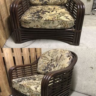 籐製 応接セット 座卓 ローテーブル ガラス天板 椅子2脚 3人掛け長椅子 事務所の画像